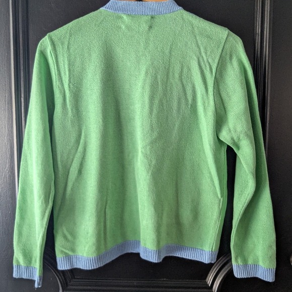 VTG 1980's Laura by Alyzia Green Blue Trim Button Front Cardigan Sweater Sz 8 - Picture 2 of 5